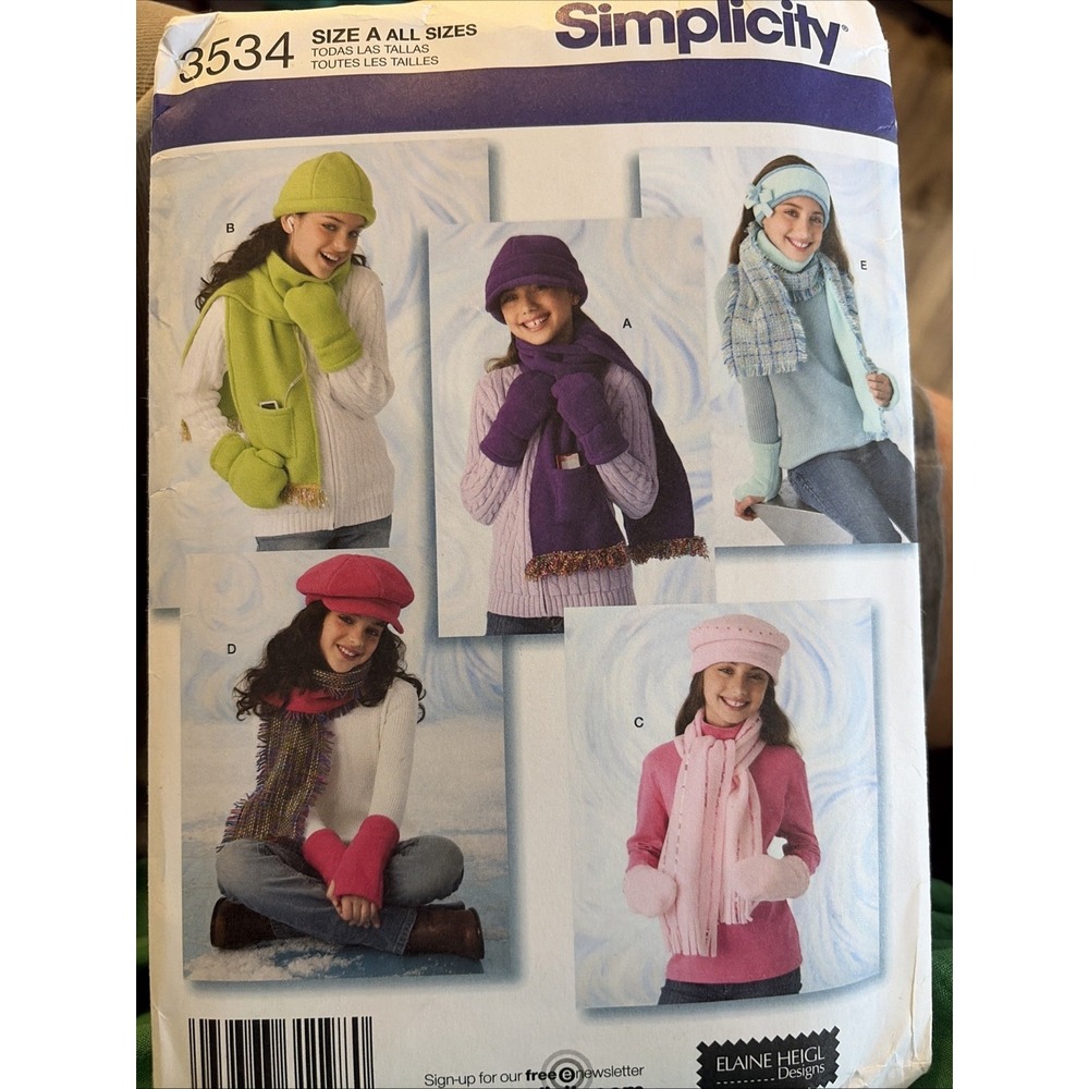 Simplicity 3534 Girls Hats Mittens Scarves Sewing Pattern Size S M L Uncut 3534